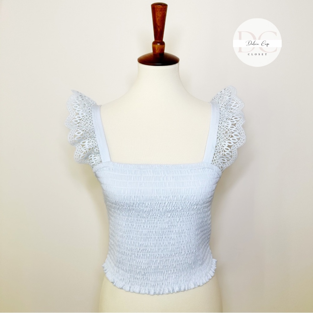 EXPRESS Smocked Eyelet Blouse Blue Size M
